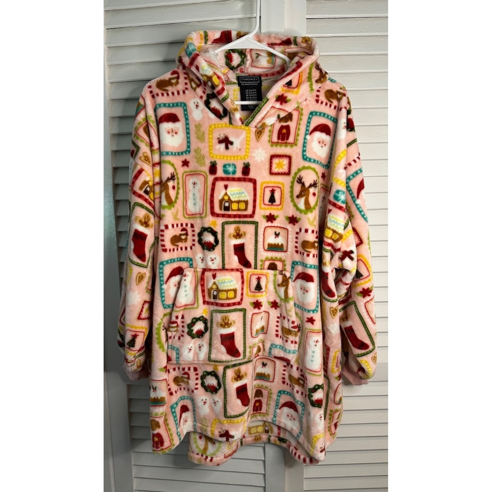 Throwzy by Marlo Lorenz One Size Pink Super Soft Fleece Holiday Design Hoodie